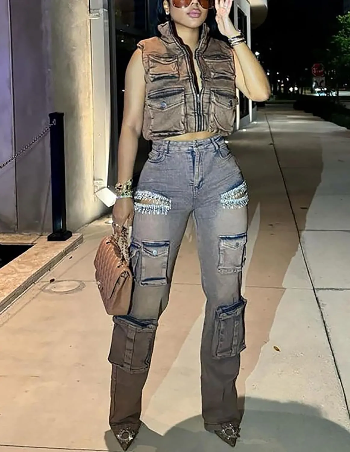 Vakkest Women's Rhinestone Cargo Jeans High Waisted Ripped Distressed Wide Leg Stretchy Denim Pants with Flap Pockets