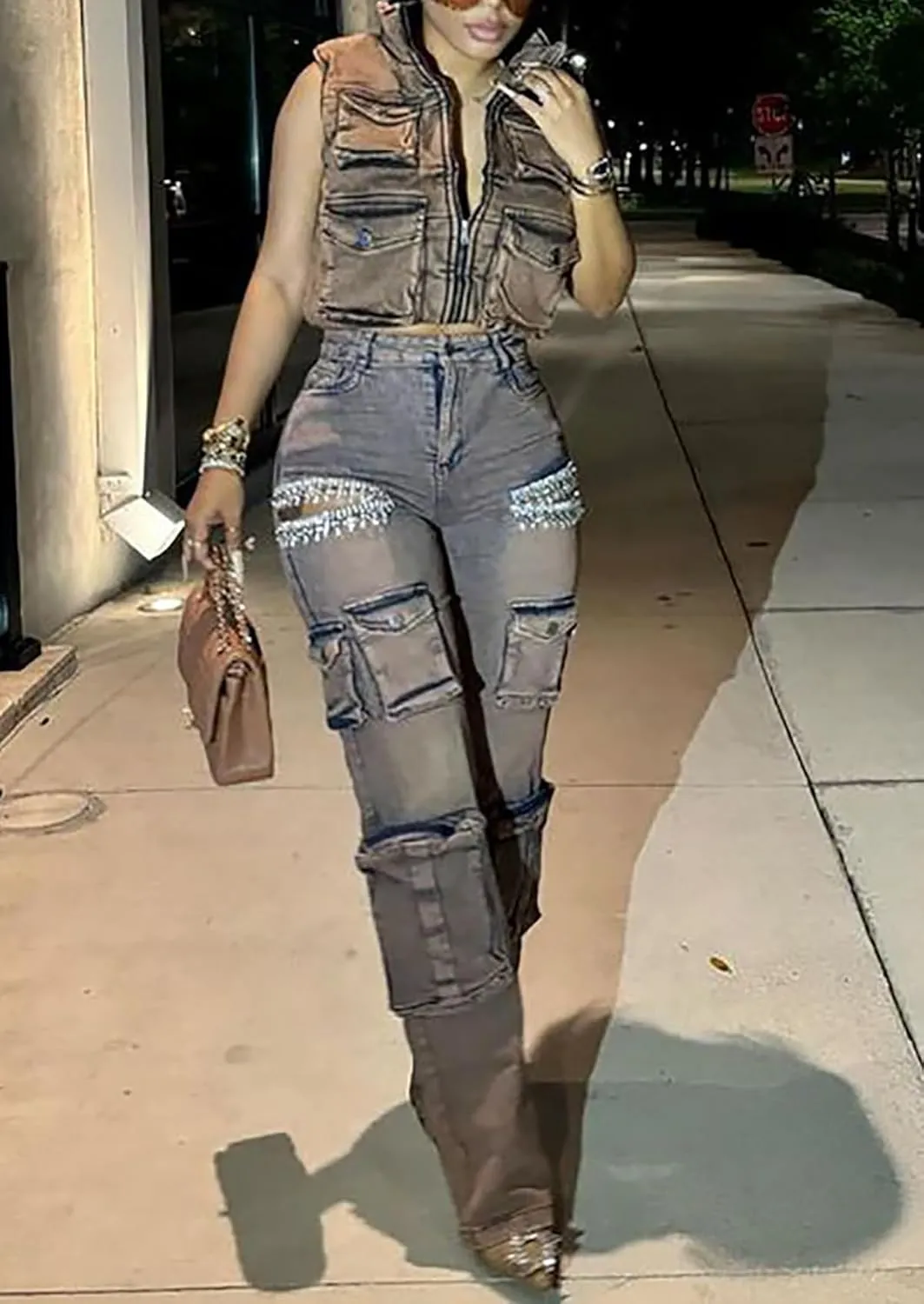Vakkest Women's Rhinestone Cargo Jeans High Waisted Ripped Distressed Wide Leg Stretchy Denim Pants with Flap Pockets