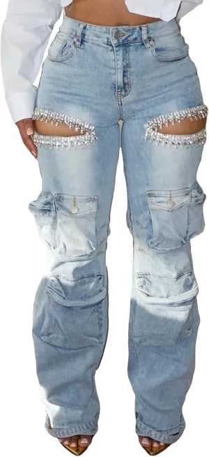 Vakkest Women's Rhinestone Cargo Jeans High Waisted Ripped Distressed Wide Leg Stretchy Denim Pants with Flap Pockets
