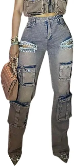 Vakkest Women's Rhinestone Cargo Jeans High Waisted Ripped Distressed Wide Leg Stretchy Denim Pants with Flap Pockets