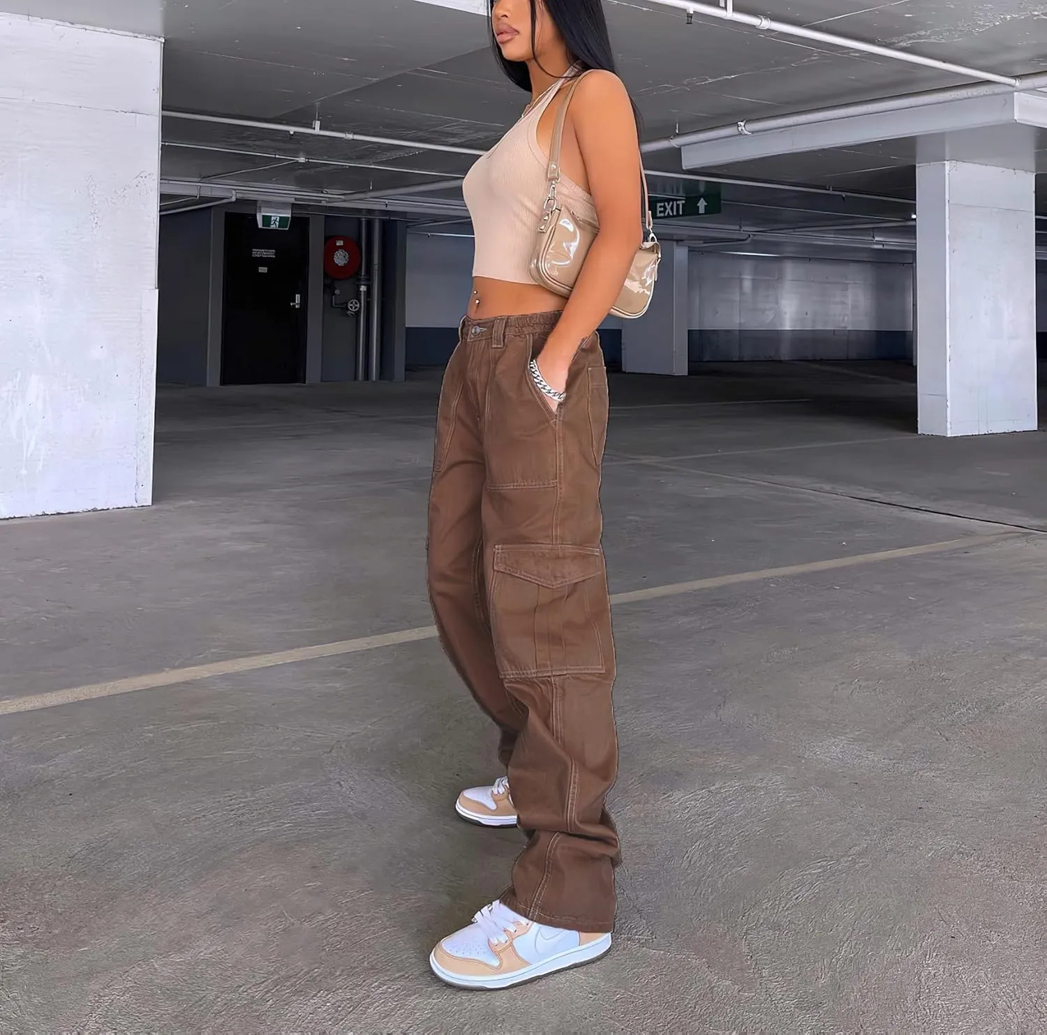 Viatabuna Women's High Waist Straight Leg Y2K Streetwear Cargo Pants Baggy Boyfriend Jeans with Pocket