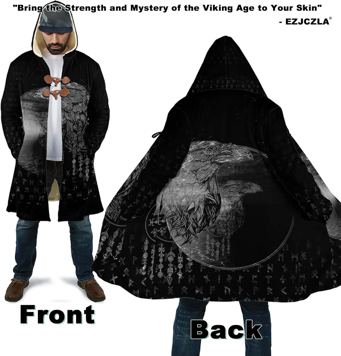 Viking Mens Trench Coat Mid Length Winter Fluffy Thick Harajuku Cardigan Jacket 3D Print Ravens of Midgard Sherpa Coat