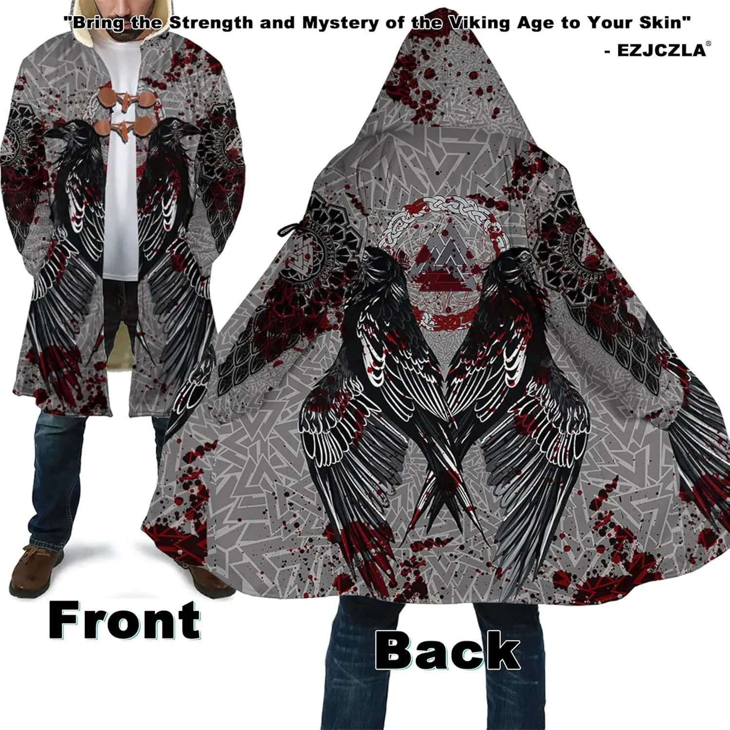 Viking Mens Trench Coat Mid Length Winter Fluffy Thick Harajuku Cardigan Jacket 3D Print Ravens of Midgard Sherpa Coat