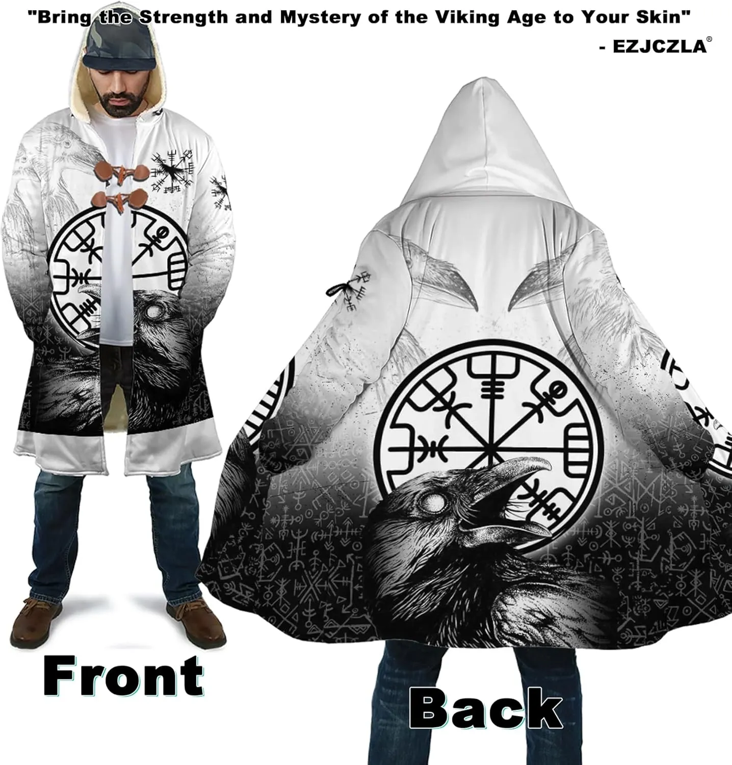 Viking Mens Trench Coat Mid Length Winter Fluffy Thick Harajuku Cardigan Jacket 3D Print Ravens of Midgard Sherpa Coat