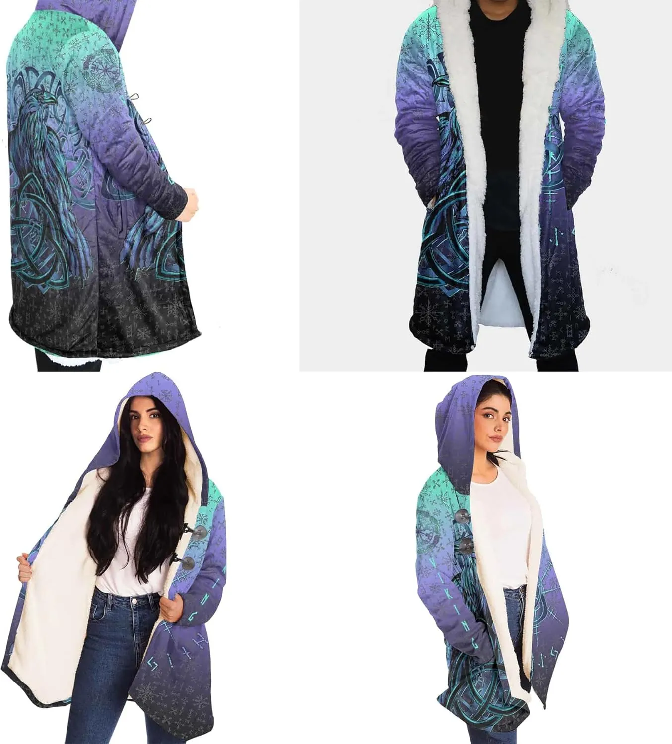 Viking Mens Trench Coat Mid Length Winter Fluffy Thick Harajuku Cardigan Jacket 3D Print Ravens of Midgard Sherpa Coat
