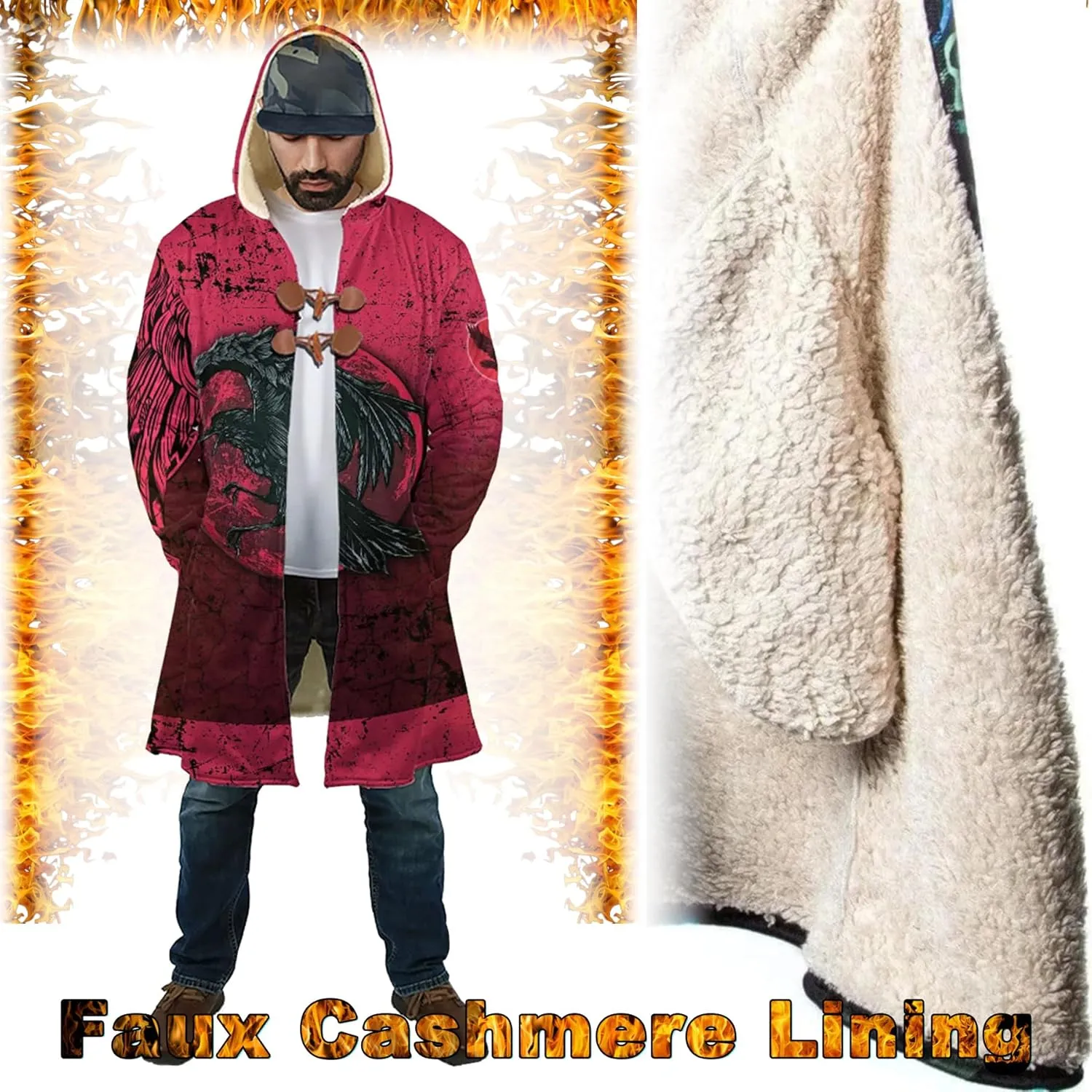 Viking Mens Trench Coat Mid Length Winter Fluffy Thick Harajuku Cardigan Jacket 3D Print Ravens of Midgard Sherpa Coat