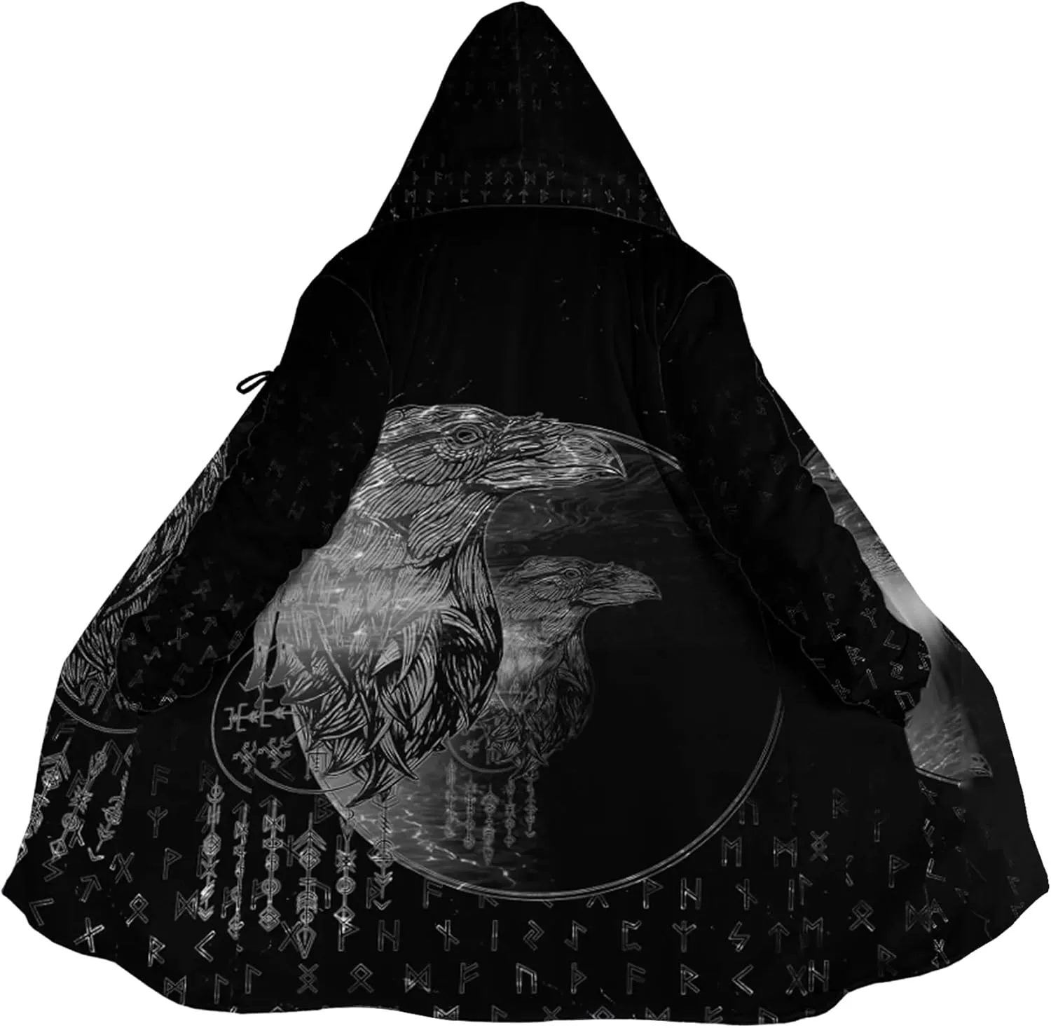 Viking Mens Trench Coat Mid Length Winter Fluffy Thick Harajuku Cardigan Jacket 3D Print Ravens of Midgard Sherpa Coat