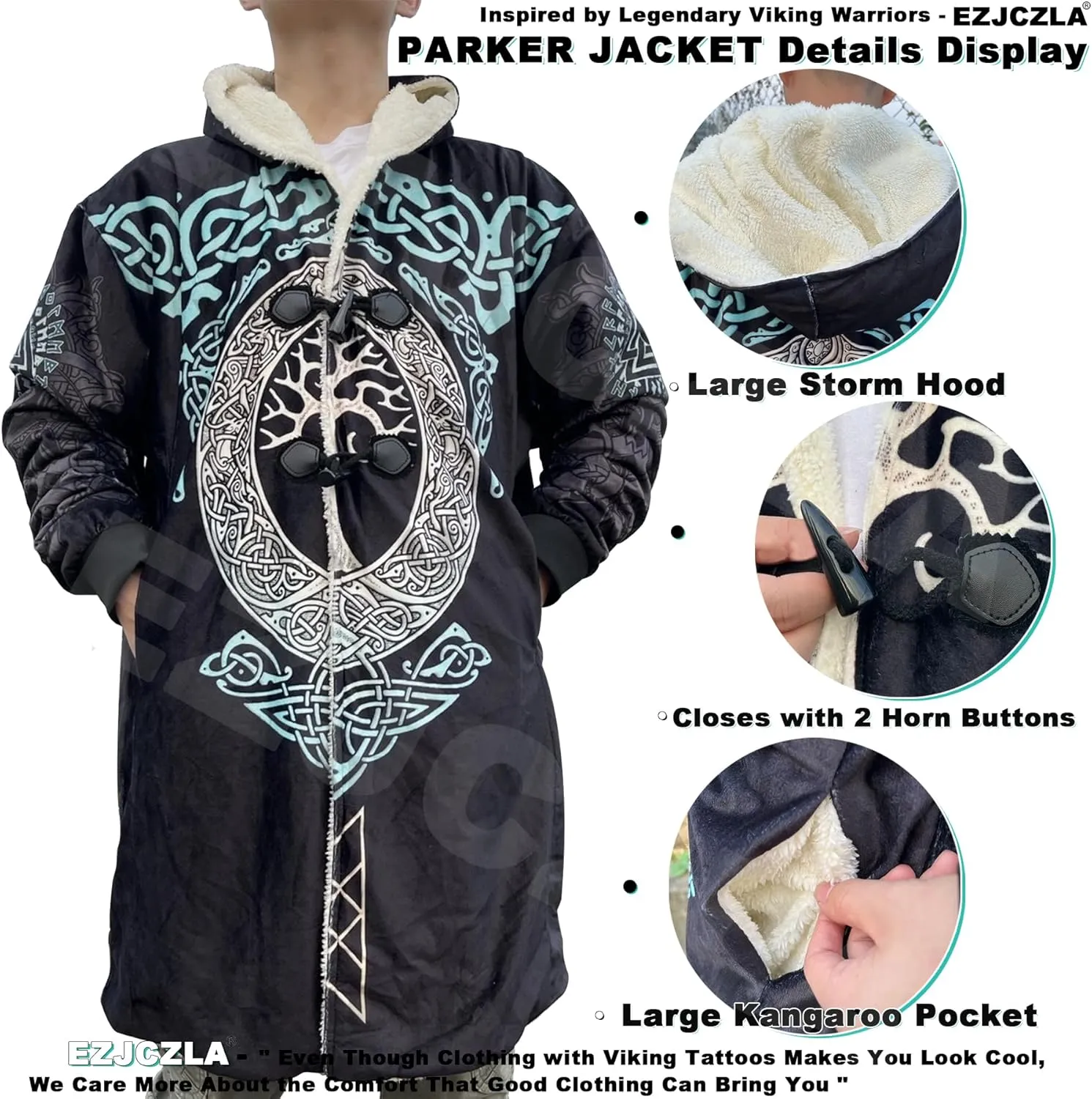 Viking Mens Trench Coat Mid Length Winter Fluffy Thick Harajuku Cardigan Jacket 3D Print Ravens of Midgard Sherpa Coat