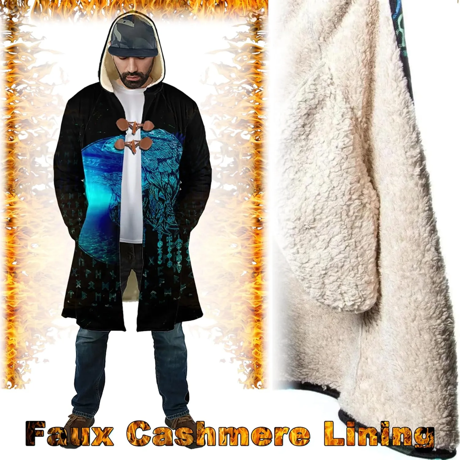 Viking Mens Trench Coat Mid Length Winter Fluffy Thick Harajuku Cardigan Jacket 3D Print Ravens of Midgard Sherpa Coat