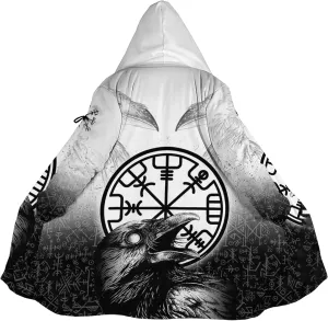 Viking Mens Trench Coat Mid Length Winter Fluffy Thick Harajuku Cardigan Jacket 3D Print Ravens of Midgard Sherpa Coat