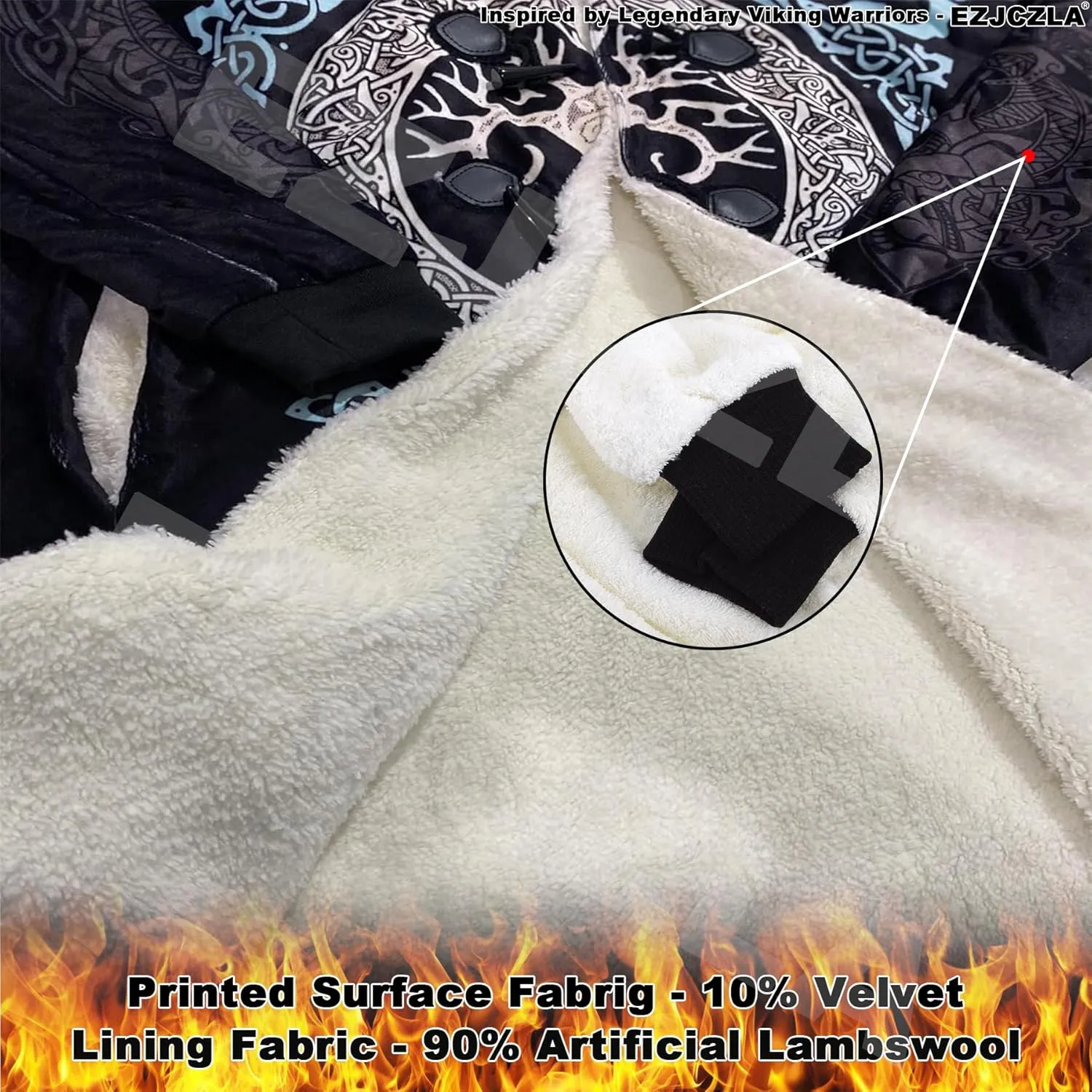Viking Mens Trench Coat Mid Length Winter Fluffy Thick Harajuku Cardigan Jacket 3D Print Ravens of Midgard Sherpa Coat