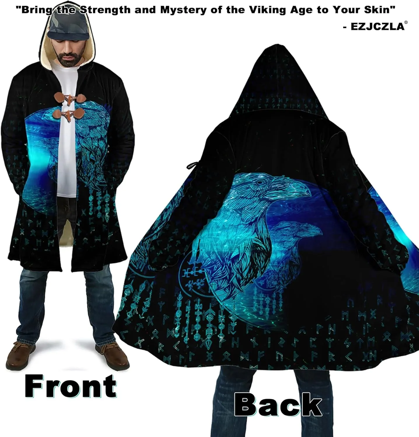 Viking Mens Trench Coat Mid Length Winter Fluffy Thick Harajuku Cardigan Jacket 3D Print Ravens of Midgard Sherpa Coat