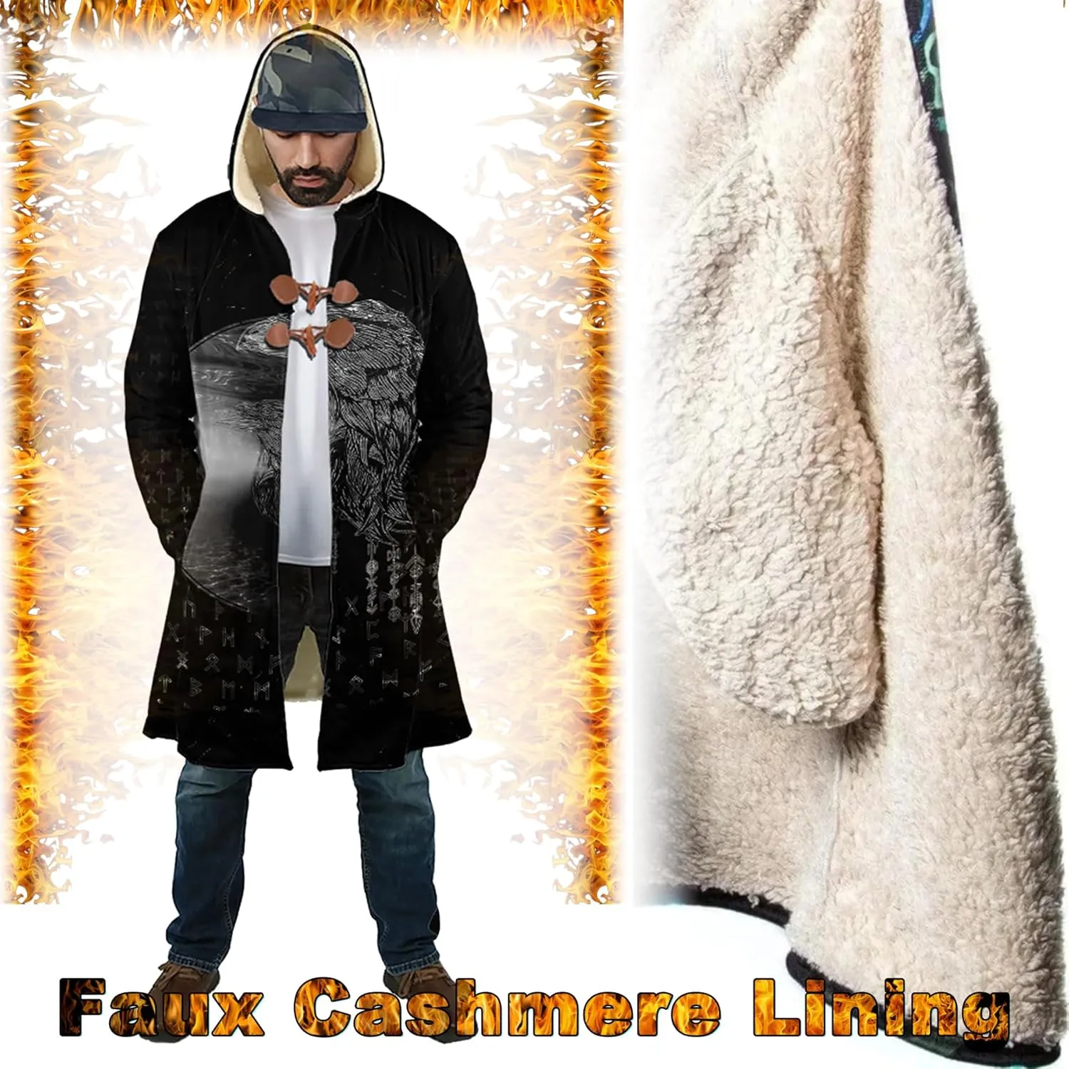 Viking Mens Trench Coat Mid Length Winter Fluffy Thick Harajuku Cardigan Jacket 3D Print Ravens of Midgard Sherpa Coat