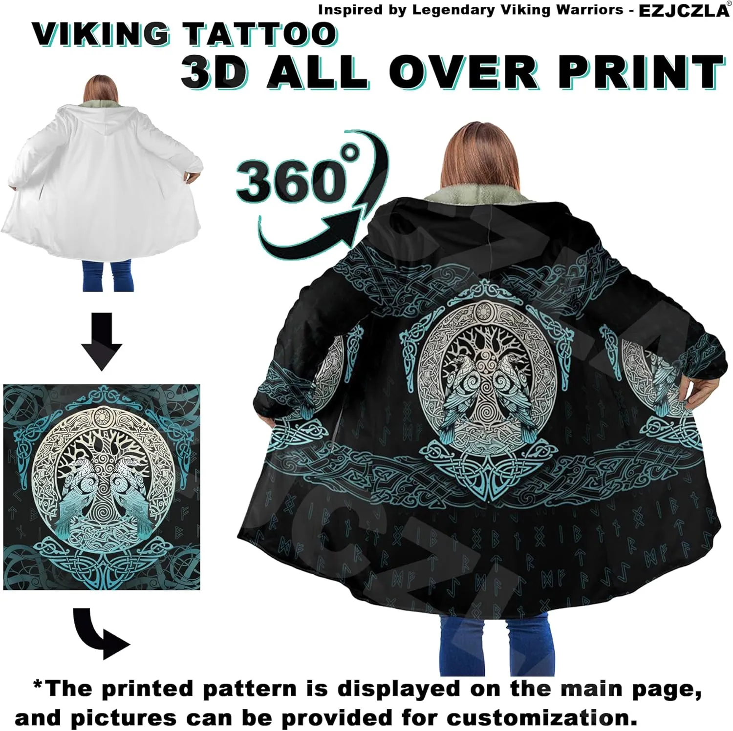 Viking Mens Trench Coat Mid Length Winter Fluffy Thick Harajuku Cardigan Jacket 3D Print Ravens of Midgard Sherpa Coat