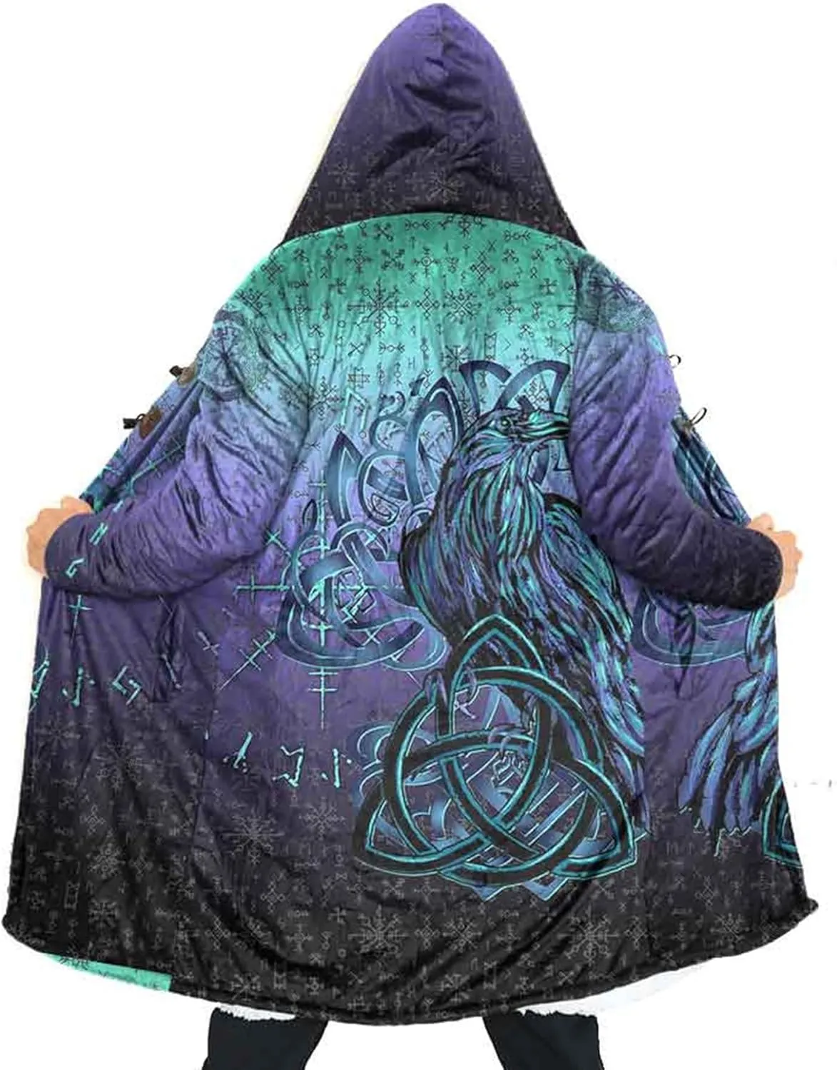 Viking Mens Trench Coat Mid Length Winter Fluffy Thick Harajuku Cardigan Jacket 3D Print Ravens of Midgard Sherpa Coat