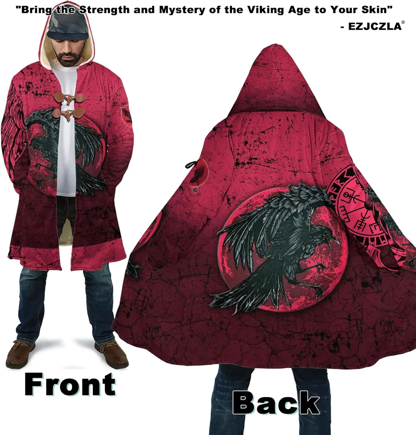 Viking Mens Trench Coat Mid Length Winter Fluffy Thick Harajuku Cardigan Jacket 3D Print Ravens of Midgard Sherpa Coat