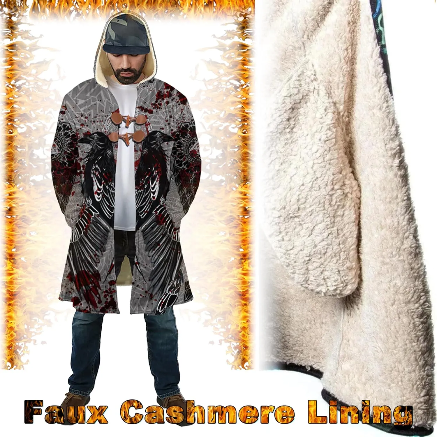 Viking Mens Trench Coat Mid Length Winter Fluffy Thick Harajuku Cardigan Jacket 3D Print Ravens of Midgard Sherpa Coat