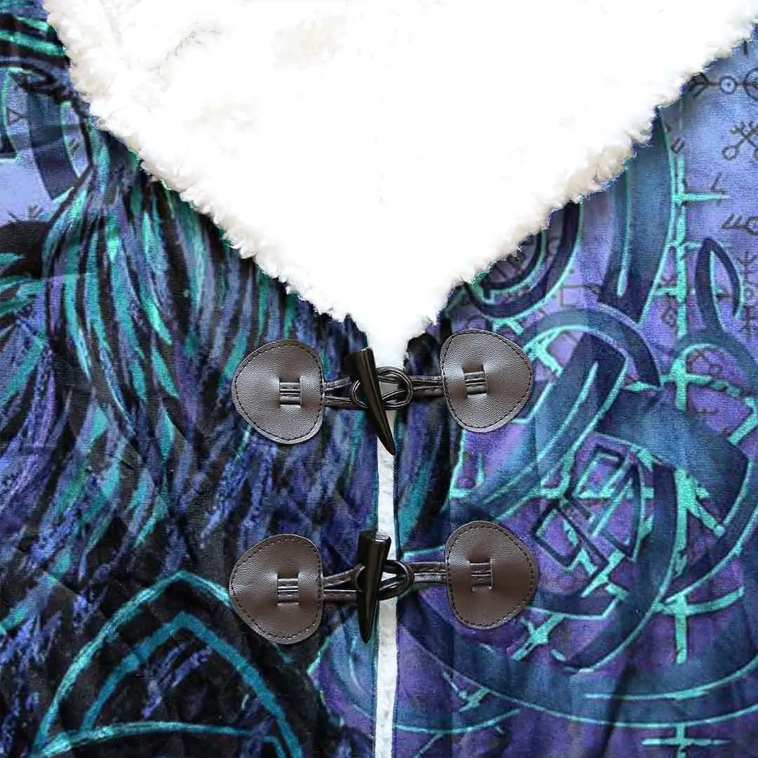 Viking Mens Trench Coat Mid Length Winter Fluffy Thick Harajuku Cardigan Jacket 3D Print Ravens of Midgard Sherpa Coat
