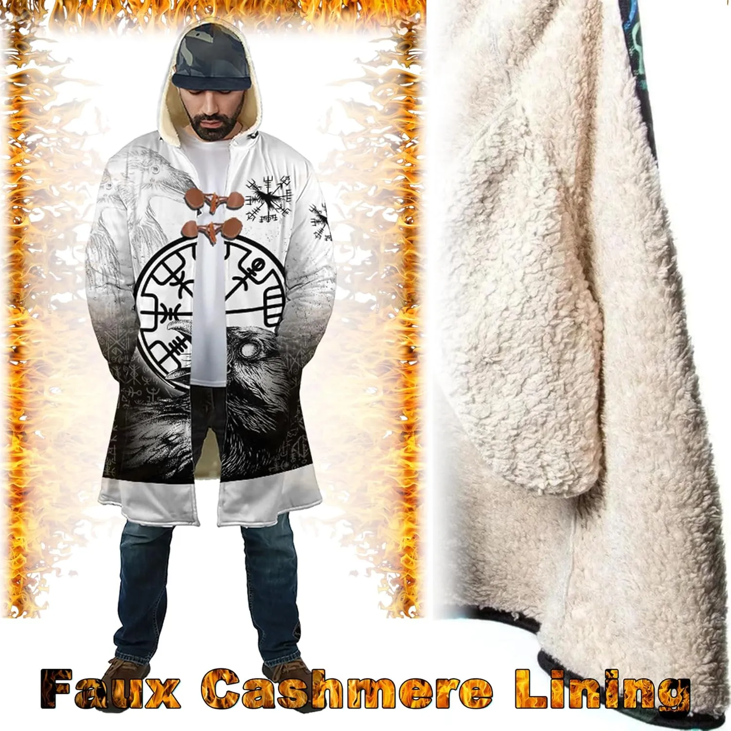 Viking Mens Trench Coat Mid Length Winter Fluffy Thick Harajuku Cardigan Jacket 3D Print Ravens of Midgard Sherpa Coat