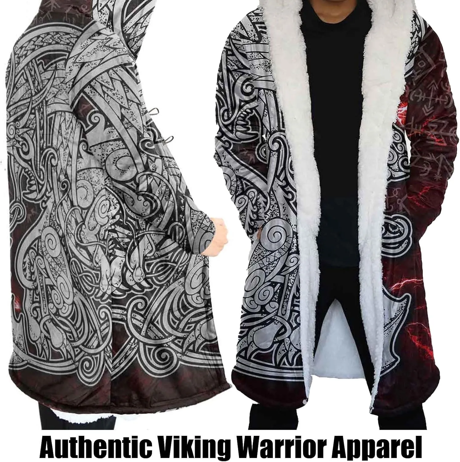 Vikings Dragon Amulet Unisex Cloak with Hood Norse Mythology Winter Warm Cashmere Coat Pagan Jacket Viking Gifts for Men