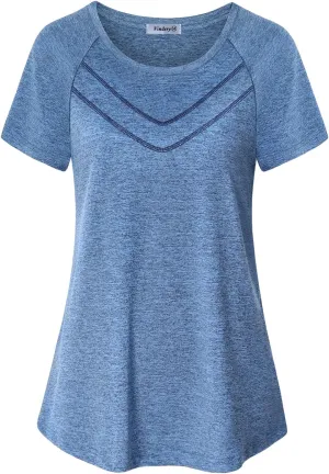 Vindery Women Quick-Dry Line Decor Front Yoga Workout Shirts Athletic Gym Loose Fit Tops