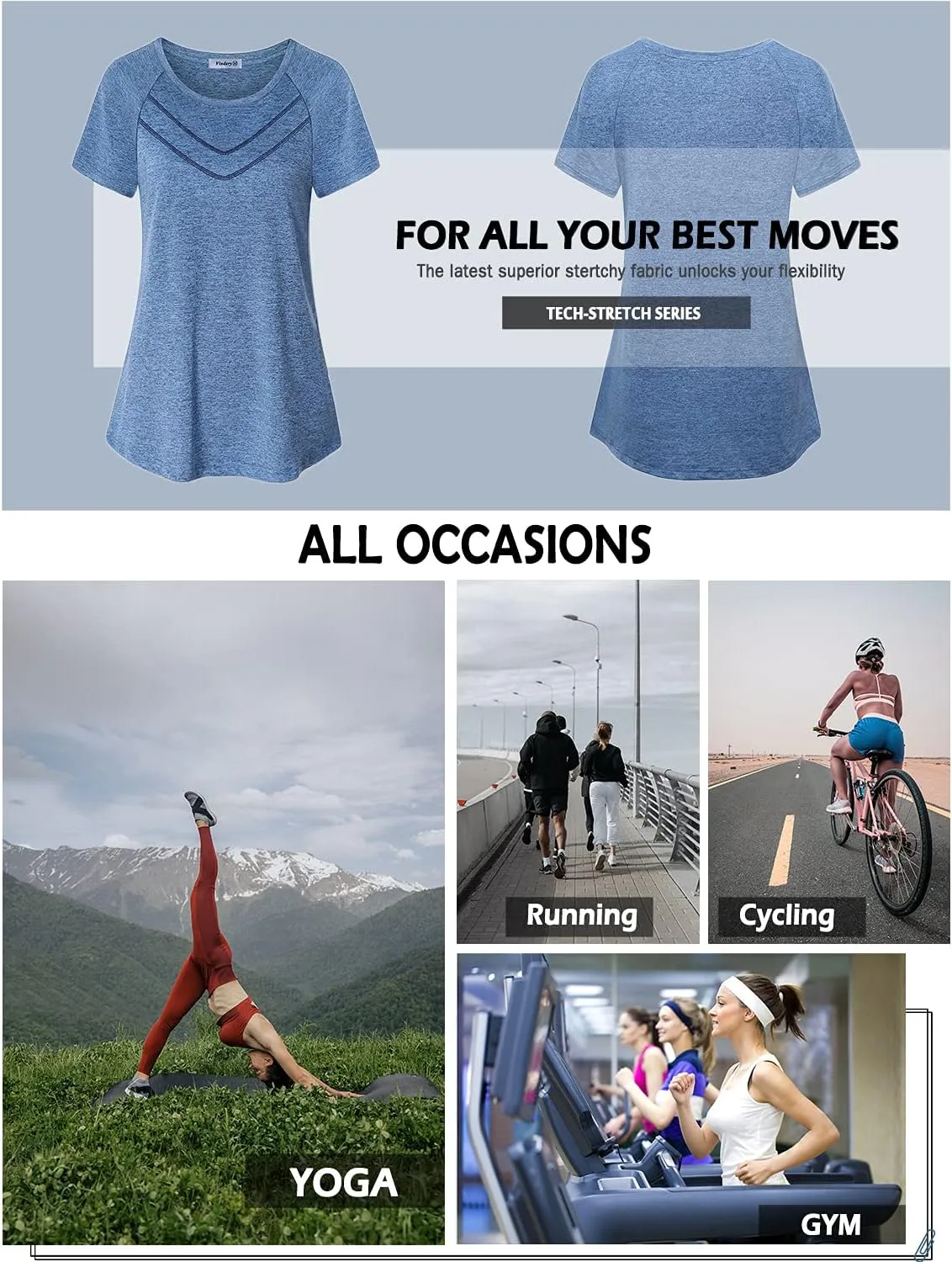 Vindery Women Quick-Dry Line Decor Front Yoga Workout Shirts Athletic Gym Loose Fit Tops