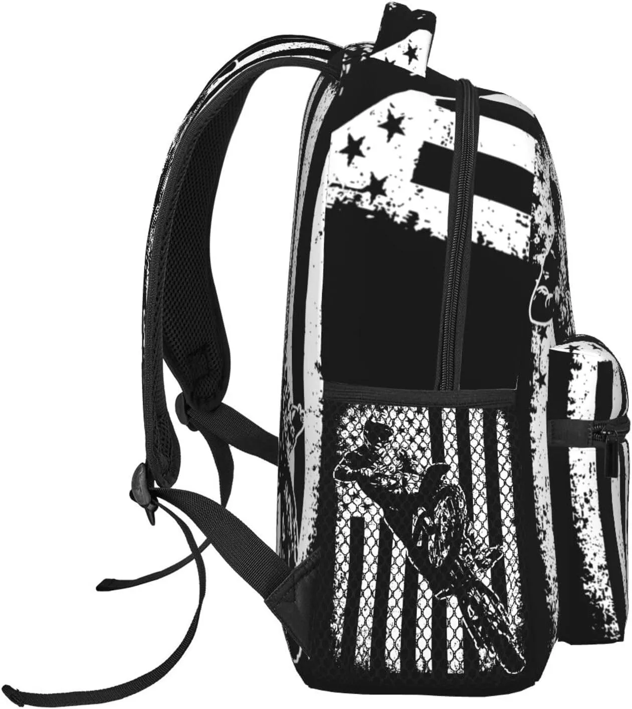 Vintage American Motorcycle Flag Dirt Bike Rider Motocross Backpack Casual Pack Bag Laptop Backpack With Side Pocket Front Zipper Pocket Bookpack Travel Daypack Picnic Rucksack