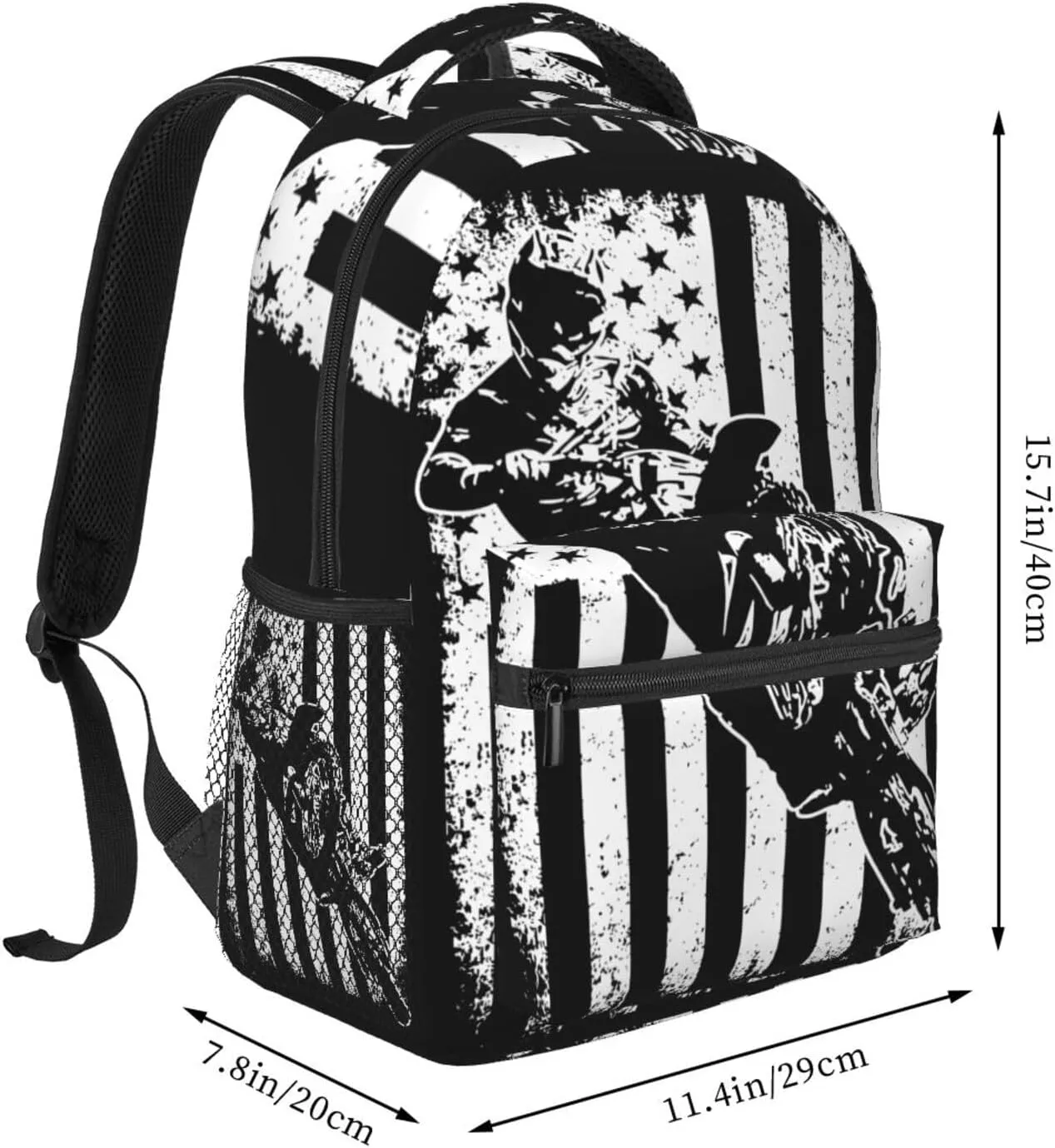Vintage American Motorcycle Flag Dirt Bike Rider Motocross Backpack Casual Pack Bag Laptop Backpack With Side Pocket Front Zipper Pocket Bookpack Travel Daypack Picnic Rucksack