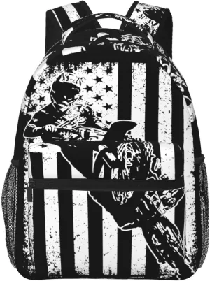 Vintage American Motorcycle Flag Dirt Bike Rider Motocross Backpack Casual Pack Bag Laptop Backpack With Side Pocket Front Zipper Pocket Bookpack Travel Daypack Picnic Rucksack