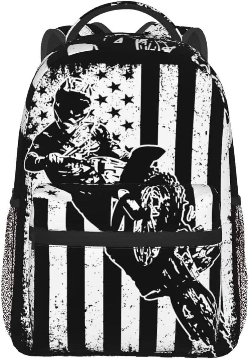 Vintage American Motorcycle Flag Dirt Bike Rider Motocross Backpack Casual Pack Bag Laptop Backpack With Side Pocket Front Zipper Pocket Bookpack Travel Daypack Picnic Rucksack