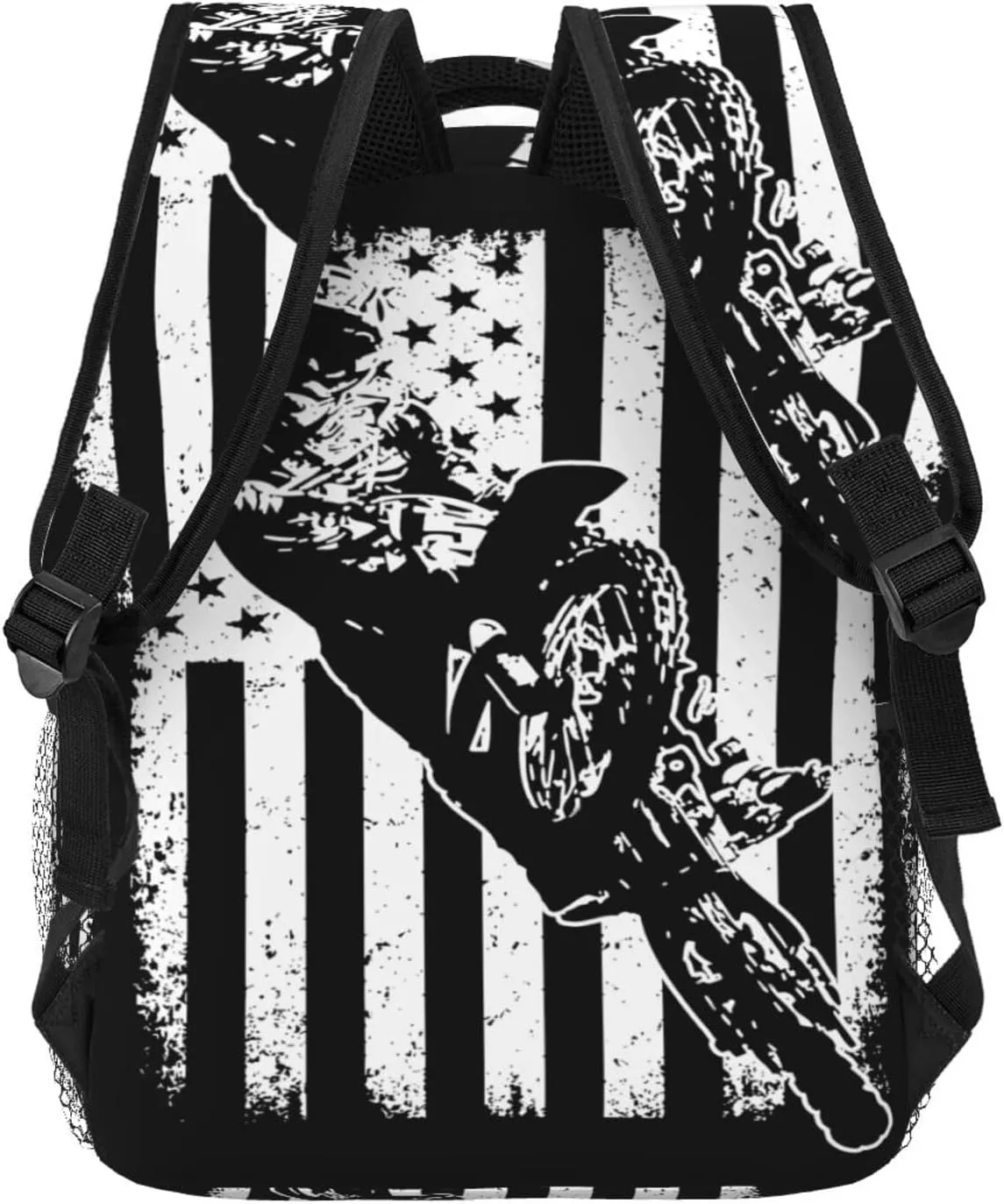 Vintage American Motorcycle Flag Dirt Bike Rider Motocross Backpack Casual Pack Bag Laptop Backpack With Side Pocket Front Zipper Pocket Bookpack Travel Daypack Picnic Rucksack