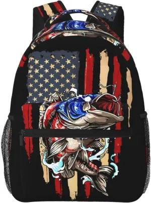 Vintage Fishing American Flag Bass Fishing Fisher Backpack Casual Pack Bag Laptop Backpack With Side Pocket Front Zipper Pocket Bookpack Travel Daypack Picnic Rucksack
