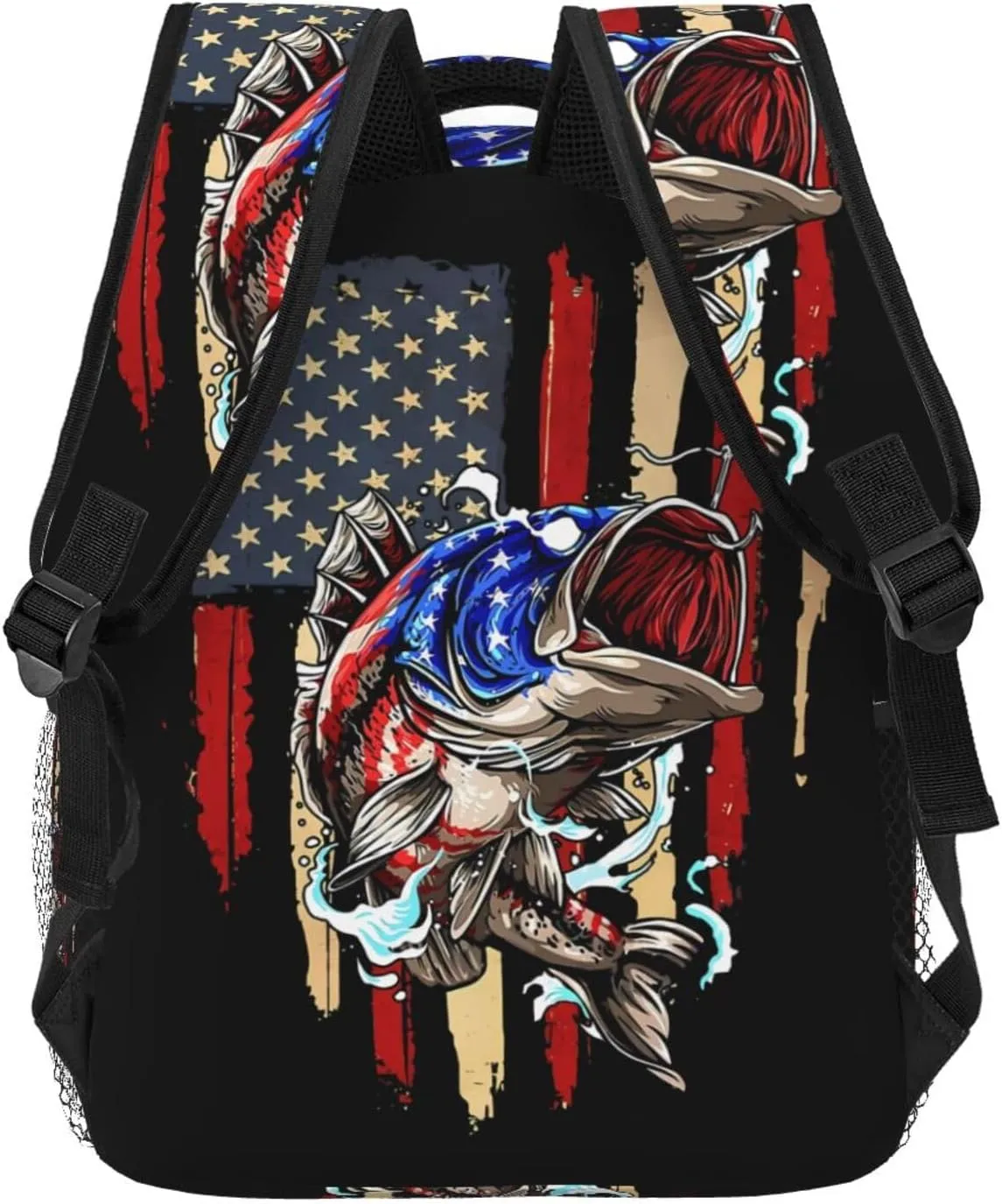 Vintage Fishing American Flag Bass Fishing Fisher Backpack Casual Pack Bag Laptop Backpack With Side Pocket Front Zipper Pocket Bookpack Travel Daypack Picnic Rucksack