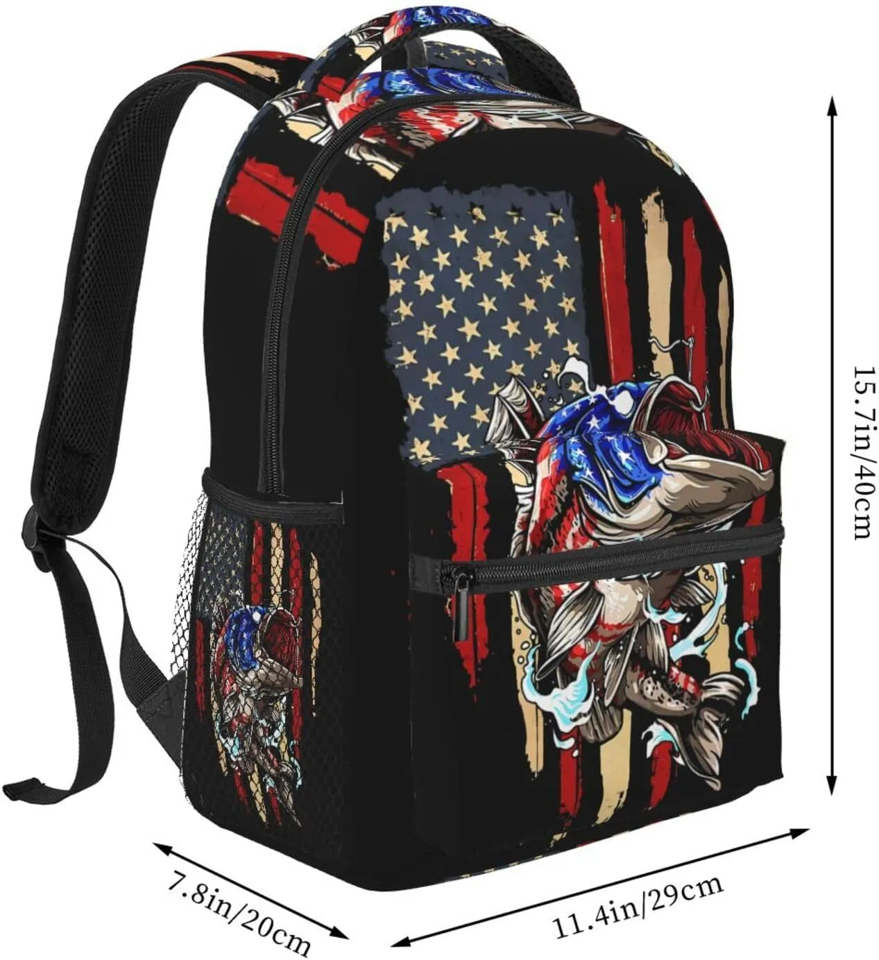 Vintage Fishing American Flag Bass Fishing Fisher Backpack Casual Pack Bag Laptop Backpack With Side Pocket Front Zipper Pocket Bookpack Travel Daypack Picnic Rucksack