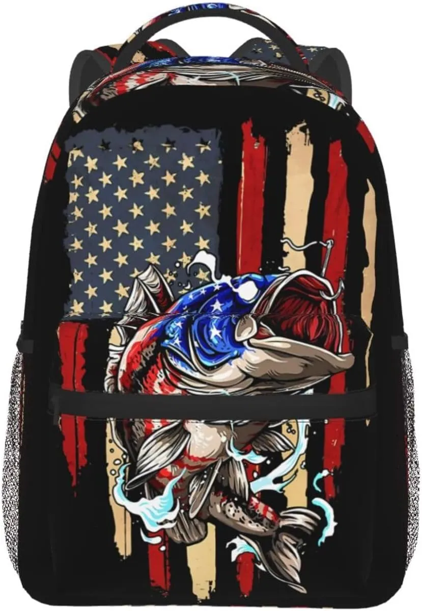 Vintage Fishing American Flag Bass Fishing Fisher Backpack Casual Pack Bag Laptop Backpack With Side Pocket Front Zipper Pocket Bookpack Travel Daypack Picnic Rucksack