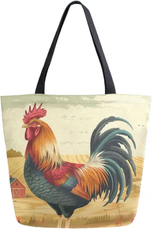 Vivid Pattern Extra Large Shoulder Grocery Tote Bag, Beautiful Rooster Farm Painting Canvas Daily Handle Bag for Gym Weekender Beach Travel Kitchen Reusable Market Shopping