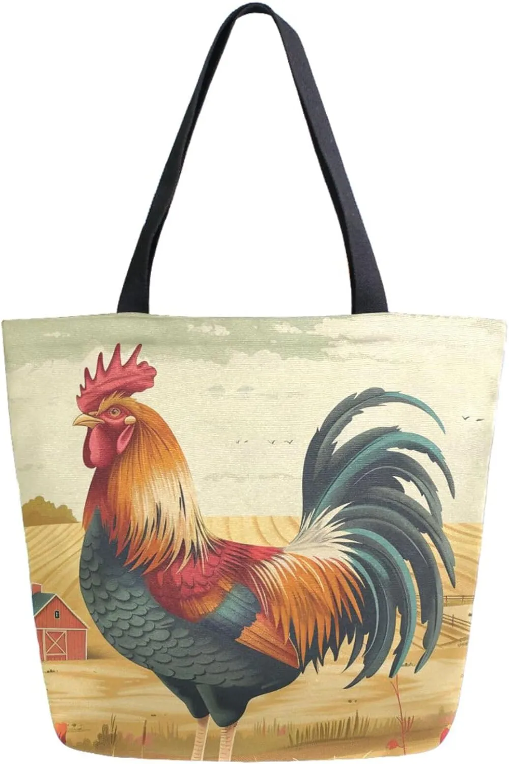 Vivid Pattern Extra Large Shoulder Grocery Tote Bag, Beautiful Rooster Farm Painting Canvas Daily Handle Bag for Gym Weekender Beach Travel Kitchen Reusable Market Shopping