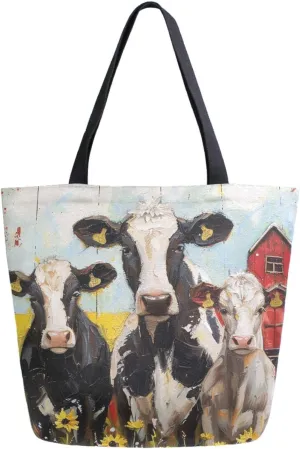 Vivid Pattern Extra Large Shoulder Grocery Tote Bag, Farm Cute Cow Family Sunflowers Canvas Daily Handle Bag for Gym Weekender Beach Travel Kitchen Reusable Market Shopping