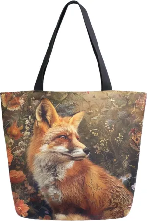 Vivid Pattern Extra Large Shoulder Grocery Tote Bag, Retro Painting Ginger Fox Canvas Daily Handle Bag for Gym Weekender Beach Travel Kitchen Reusable Market Shopping