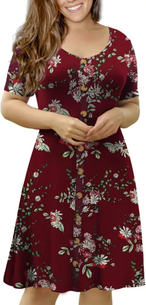 VOIANLIMO Womens Summer Plus Size Short Sleeve Button Down Causal Dress