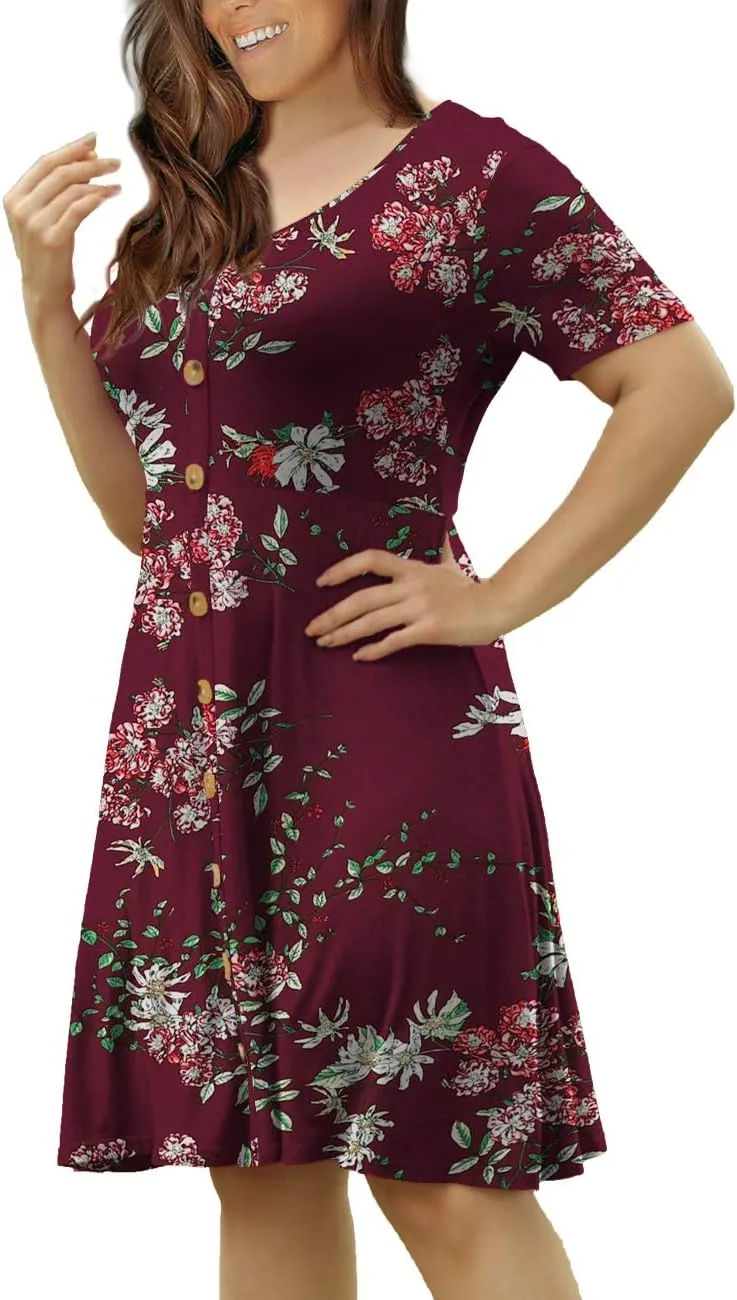 VOIANLIMO Womens Summer Plus Size Short Sleeve Button Down Causal Dress