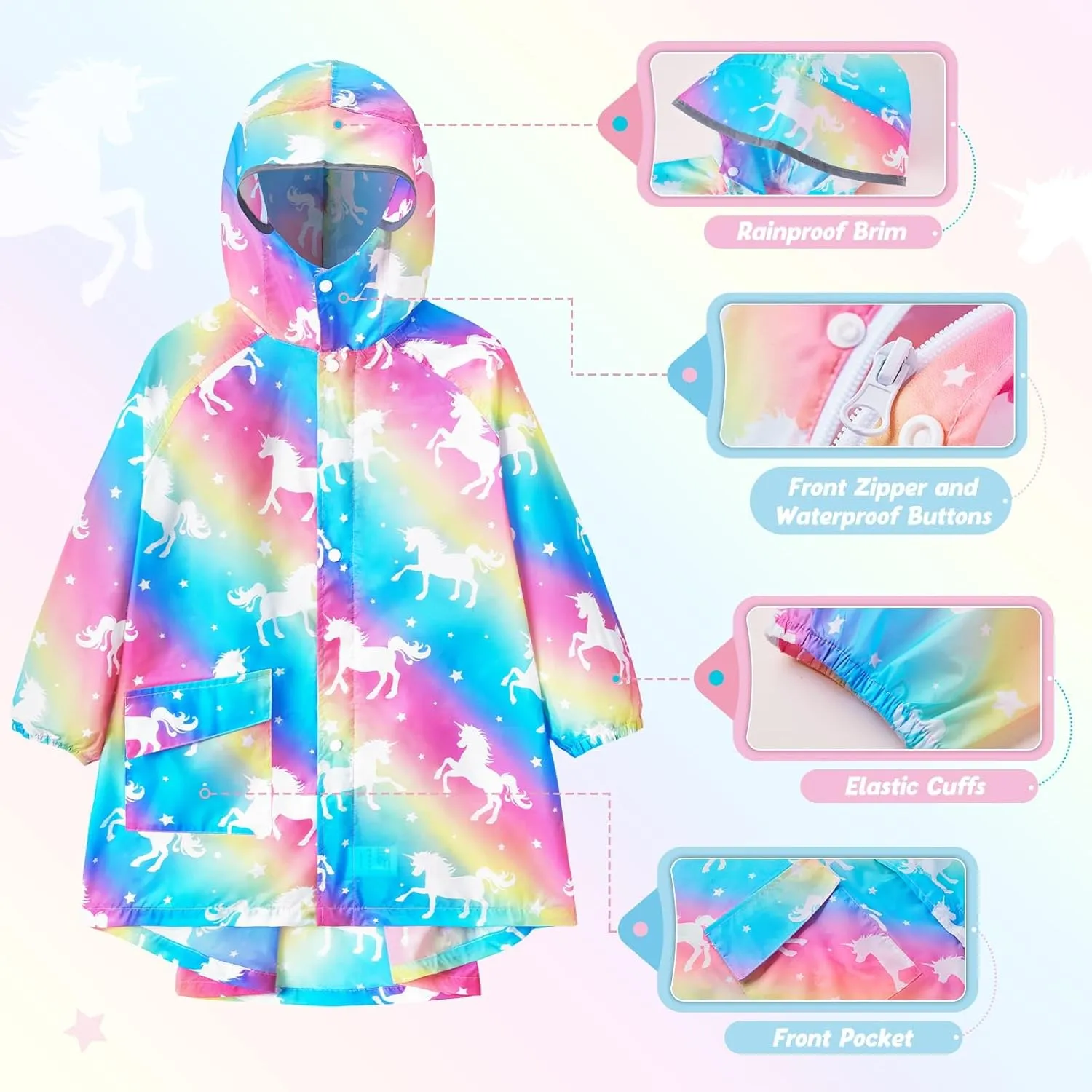 WAWSAM Lightweight Kids Rain Poncho Reusable Toddler Raincoat Waterproof Girls Rain Jacket Durability Boys Girls Rain Coat