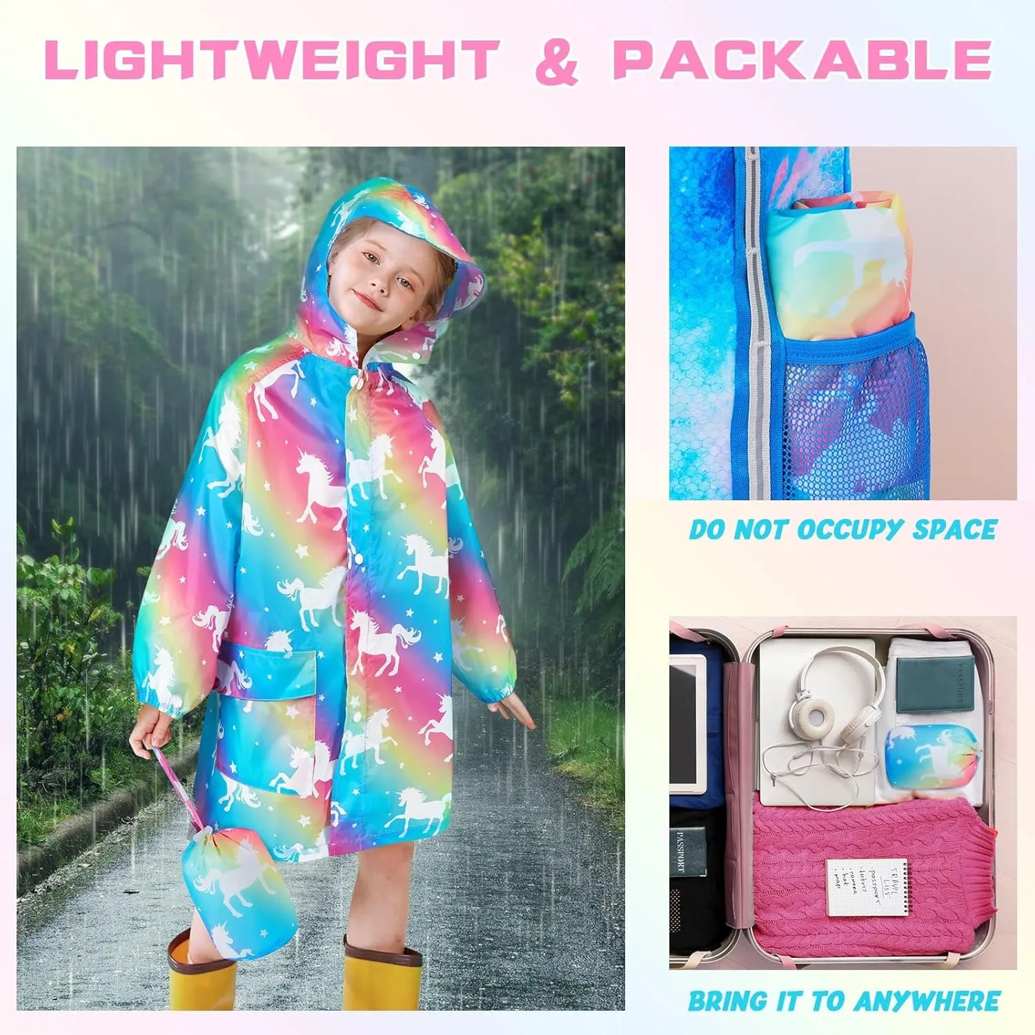 WAWSAM Lightweight Kids Rain Poncho Reusable Toddler Raincoat Waterproof Girls Rain Jacket Durability Boys Girls Rain Coat