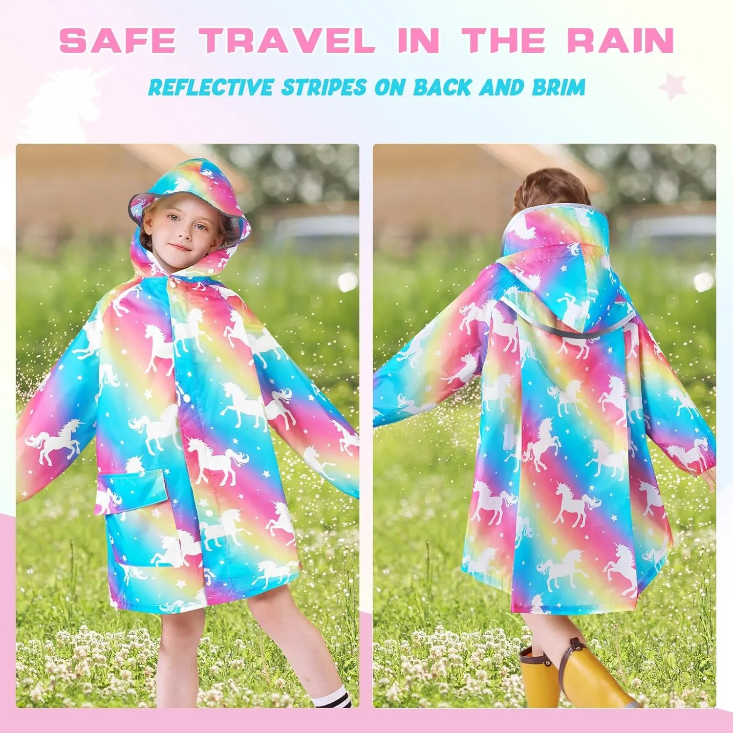 WAWSAM Lightweight Kids Rain Poncho Reusable Toddler Raincoat Waterproof Girls Rain Jacket Durability Boys Girls Rain Coat