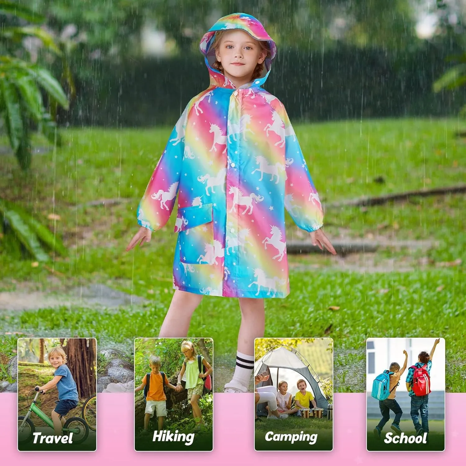 WAWSAM Lightweight Kids Rain Poncho Reusable Toddler Raincoat Waterproof Girls Rain Jacket Durability Boys Girls Rain Coat