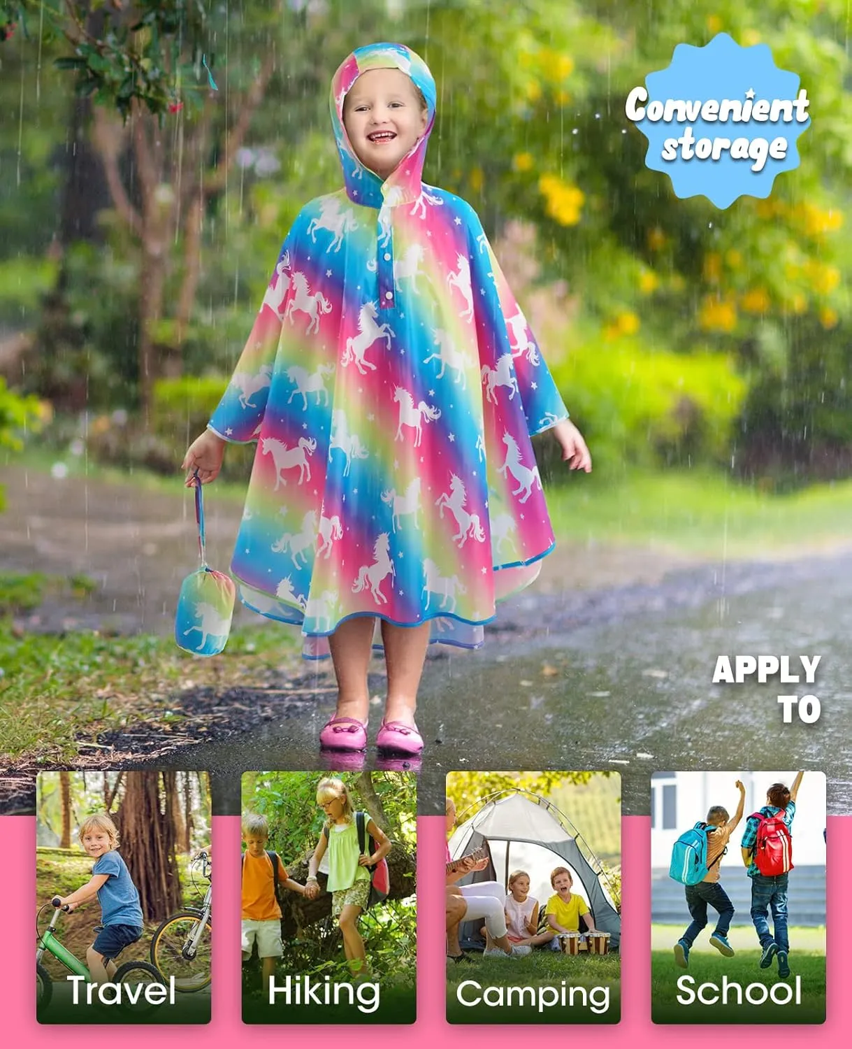 WAWSAM Lightweight Kids Rain Poncho Reusable Toddler Raincoat Waterproof Rain Jacket
