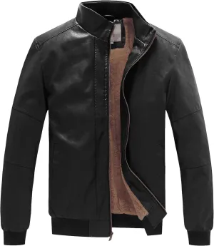 WenVen Men's Stand Collar Fleece Lined Bomber Faux Leather Jacket