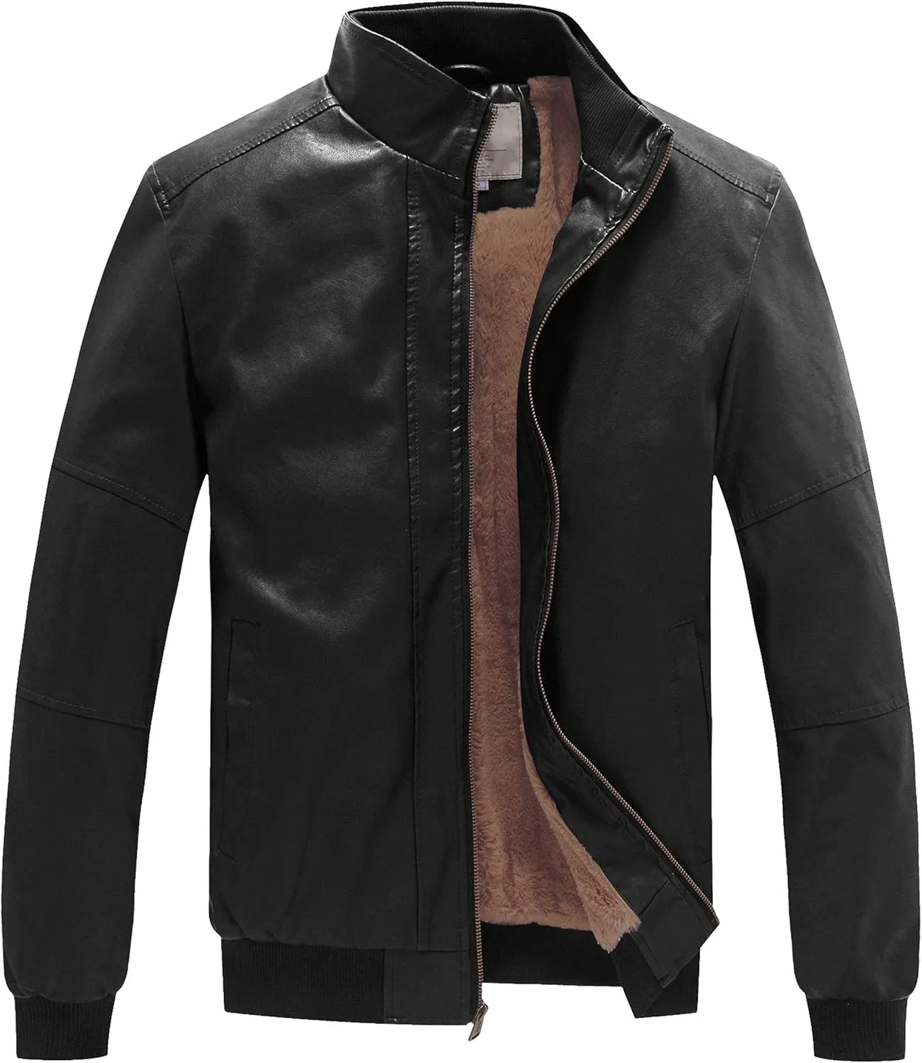 WenVen Men's Stand Collar Fleece Lined Bomber Faux Leather Jacket