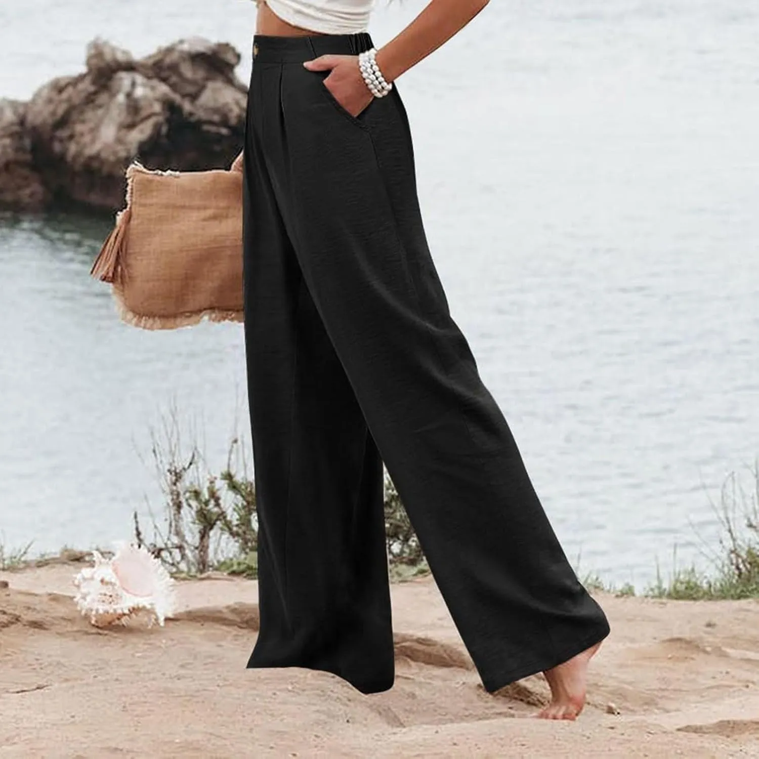 Wide Leg Dress Pants for Women Business Casual Elastic Waist Comfy Work Pants Baggy Lounge Pants Trousers with Pocket