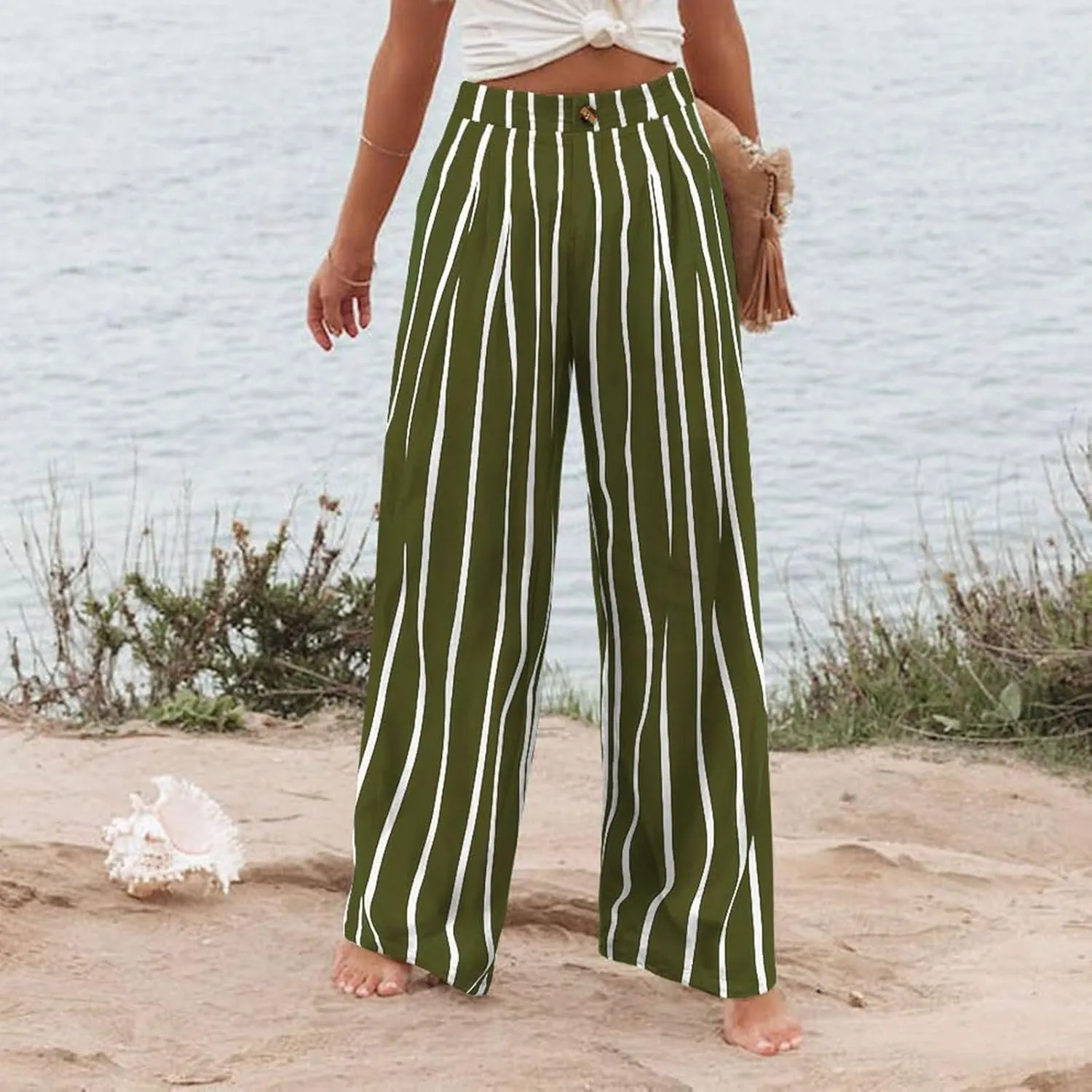 Wide Leg Dress Pants for Women Business Casual Elastic Waist Comfy Work Pants Baggy Lounge Pants Trousers with Pocket